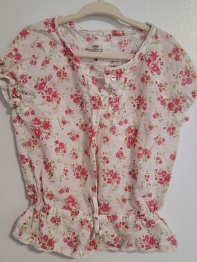 🧸2/20$ H&M White Blouse Pink Floral Print Size 5-6T Girl Cotton
